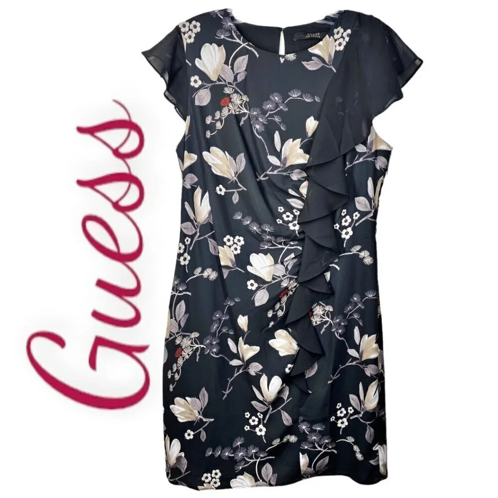 NWT GUESS Floral Chiffon Sleeve Ruffle Front Dress,‎ Size Large